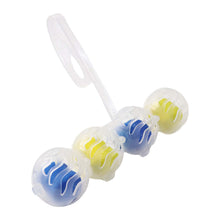 Four blue and yellow toilet cleaning balls with a clear plastic hanger on a white background.
