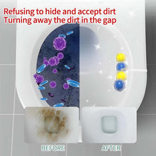 Split image showing a dirty toilet bowl with bacteria and a clean toilet bowl with the cleaning balls.