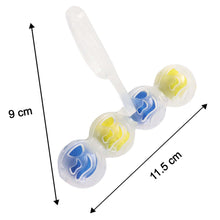 Four blue and yellow toilet cleaning balls with a clear plastic hanger, showing dimensions of 9cm and 11.5cm.