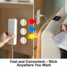 A split image showing hands applying adhesive pads to a power strip and a person using a phone on a couch.