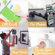 Four squares showing uses: DIY craft, fixing a phone, hanging a picture, and fixing an object in a bathroom.