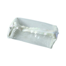 Empty clear PVC pencil case with white trim and zipper, shown at an angle on a white background.
