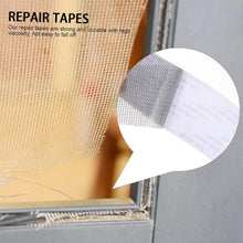 A close-up of a torn beige mesh screen, with a circular inset showing the grey mesh repair tape being applied.