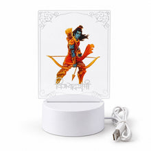 Lord Ram 3D LED lamp unlit, featuring a blue-skinned deity design, with its white base and coiled USB cable on a white