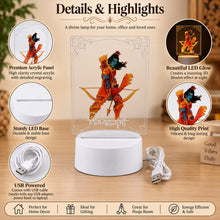 Infographic detailing the Lord Ram 3D LED lamp's features, including its acrylic panel, LED base, and USB power, with