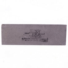 Top-down view of a gray rectangular sharpening stone with black text and a tiger logo on a white background.