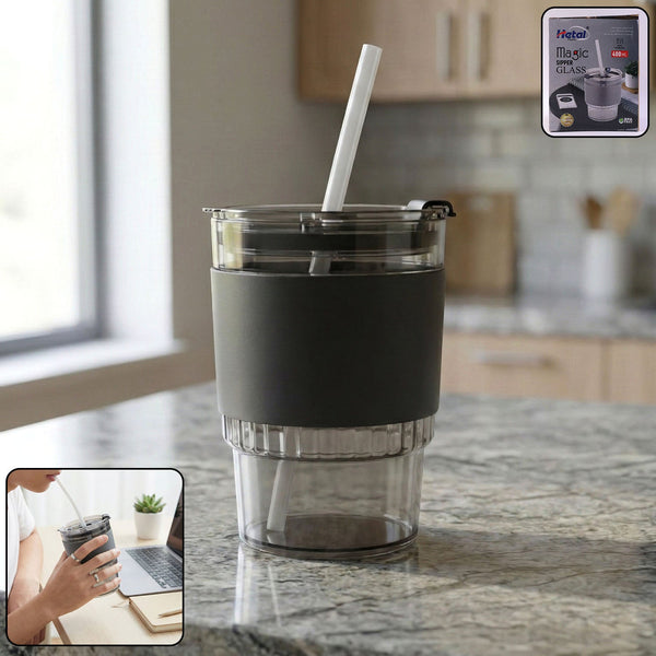 Clear plastic tumbler with lid and reusable straw, perfect for daily hydration.