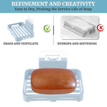 Light blue plastic soap dish with a brown bar of soap, demonstrating its draining feature next to a soggy soap.