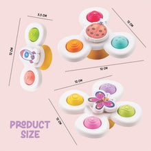 Dimensions chart showing size details of white baby spinner toy set