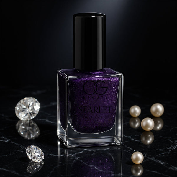 Bottle of Purple Dazzle glitter nail paint with sparkling finish