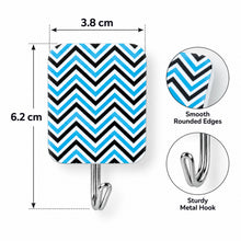 A single rectangular adhesive hook with a blue and black chevron pattern is shown with its dimensions and features.
