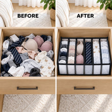 A split image showing a messy drawer on the left and an organized drawer with the 6-section organizer on the right.