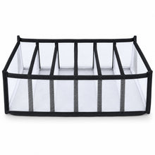 A white mesh and black fabric 6-section drawer organizer is shown on a white background.