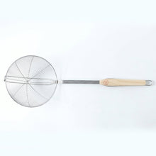 Stainless steel frying strainer with long handle for safe kitchen use