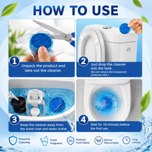 A four-panel graphic illustrates how to use the blue toilet cleaner tablets, from unpacking to waiting 10 minutes.