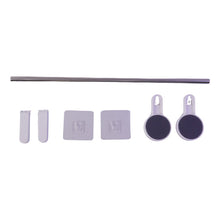 All components of the towel rod set are laid out on a white background: a silver rod, two white end pieces, two clear