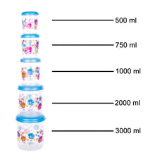 Full set of 5 transparent plastic containers neatly arranged in a modern kitchen.