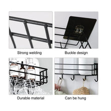 Self-adhesive metal storage basket firmly mounted on bathroom wall