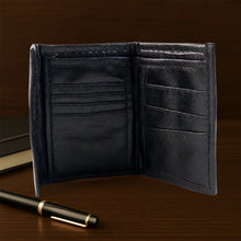 Close-up of stitching detail on genuine leather slim bi-fold wallet