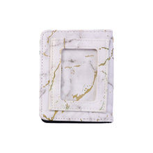 Compact card holder wallet featuring marble texture and snap closure