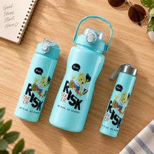 Three light blue water bottles with a bear graphic, sunglasses, and a notebook on a wooden desk.