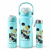 Three light blue water bottles of varying sizes with a bear graphic on a white background.