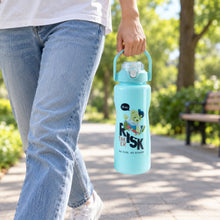 A person walking outdoors, holding a large light blue water bottle with a handle.