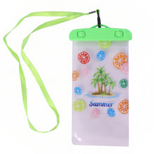 Person holding a phone inside the waterproof pouch near water.