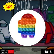 A rainbow Among Us character pop-it fidget toy is centered over a blurred background of Among Us characters.