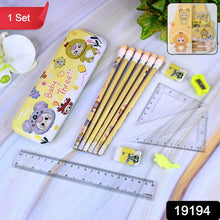 Metal geometry box with colorful cartoon print and geometry instruments