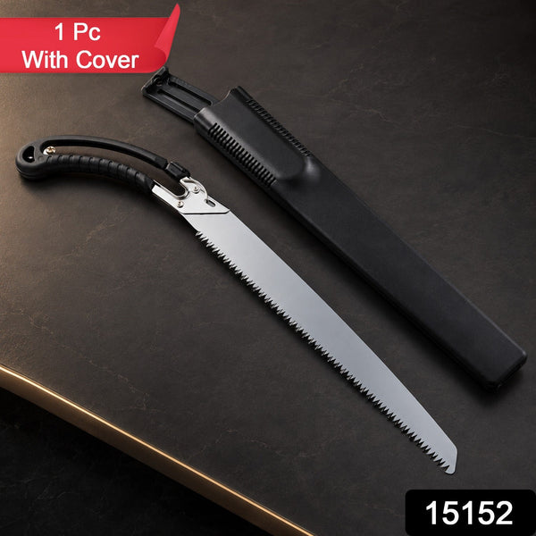 A silver and black folding pruning saw with a black sheath on a dark brown surface, with a red banner and product number.