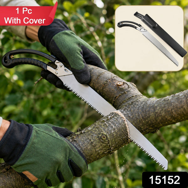 A person in green and grey gloves saws a tree branch with a silver and black pruning saw, with an inset showing the saw and