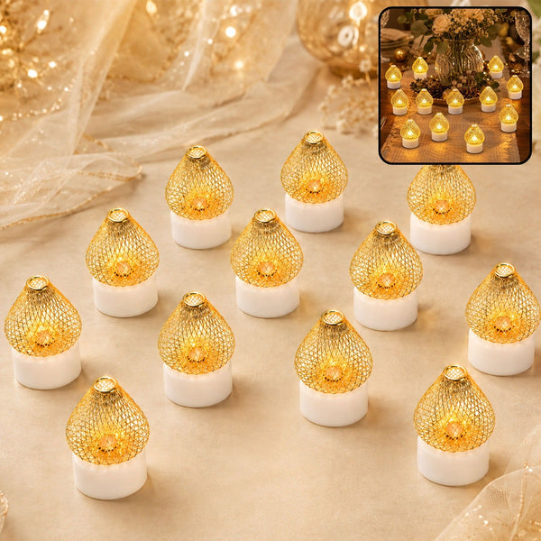 Twelve golden mesh LED tea lights with warm glow on a sheer fabric with fairy lights in background.
