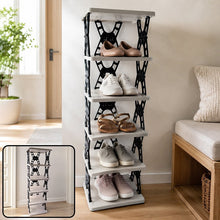A tall, light grey and black foldable shoe rack holding various pairs of shoes, with a smaller inset image of the rack.