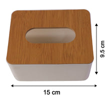Bamboo tissue box holder with its precise dimensions clearly labeled.