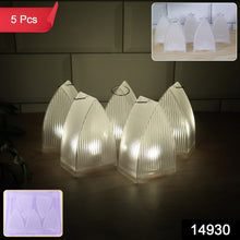 Five clear plastic ribbed lanterns with warm LED lights on a wooden surface, with an inset showing the plastic mold.
