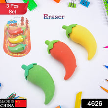 Three chili pepper erasers in red, yellow, and green, with the product packaging and other school supplies scattered around.