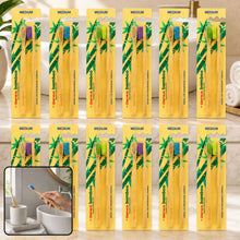Twelve twin packs of bamboo toothbrushes with various colored bristles, arranged on a bathroom counter with an inset image.