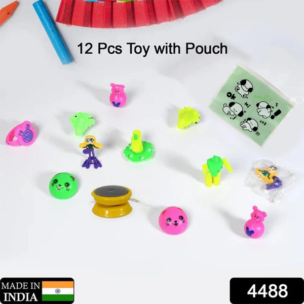 Close-up of mixed plastic toys, including a small car and animal figures.
