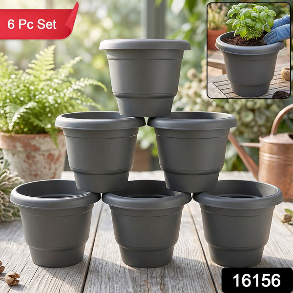 Six gray plastic flower pots stacked on a wooden table with plants in the background, featuring a red '6 Pc Set' label and a