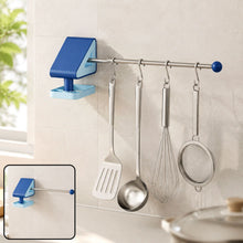 Blue and light blue wall-mounted drying rack with a silver rod holding kitchen utensils. Inset shows the rack without