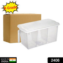 Fresh-keeping storage box separating fruits and vegetables in a fridge.