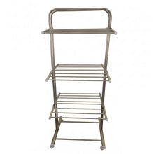A stainless steel 3-layer clothes drying rack with wheels, shown empty against a plain white background.