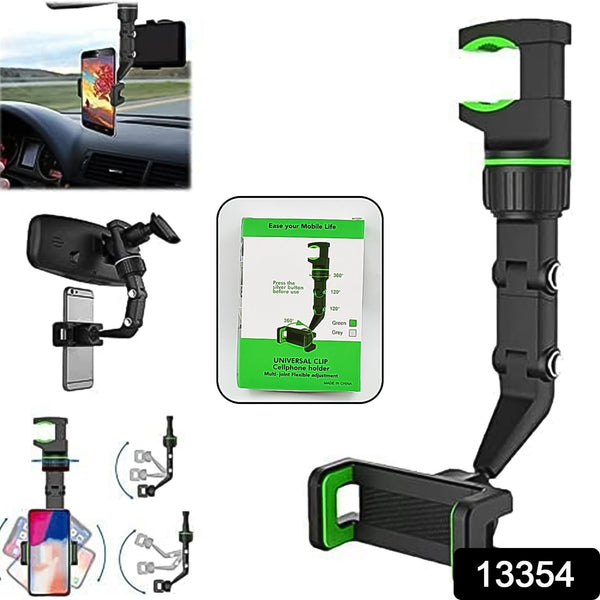 A collage showing the phone holder in use in a car, its packaging, and various angles of the holder itself.