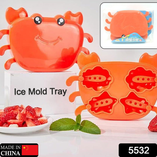 An orange crab ice mold with a tray of strawberries and a mint sprig, with product details in the background.