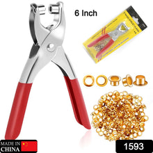 Red-handled grommet pliers with a blister pack, a small pile of gold eyelets, and text indicating 