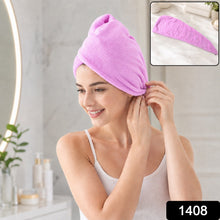 A smiling woman in a white tank top wears a purple microfiber hair wrap, securing it above her ear. A smaller inset shows