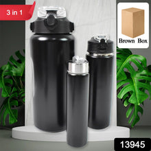 3 In 1 Stainless Steel Insulated Water Bottle, Double Wall Vacuum (3 Pcs Set / Different Size)