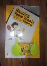 Packaging of the hanging table tennis trainer set, illustrating contents.