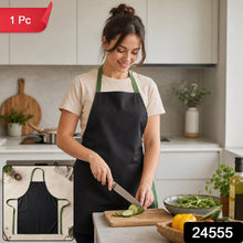 A woman in a black apron with green ties slices a cucumber in a modern kitchen, with a '1 Pc' label.